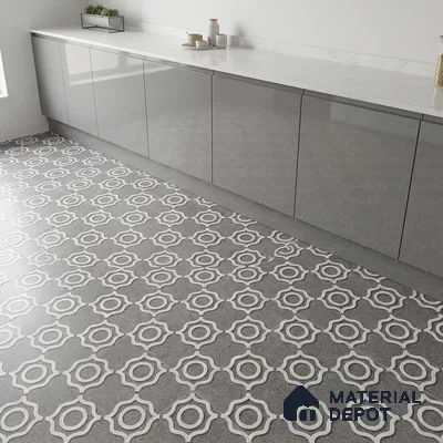 Modern kitchen with grey high gloss laminate cabinets and white marble countertop with geometric patterned floor tiles