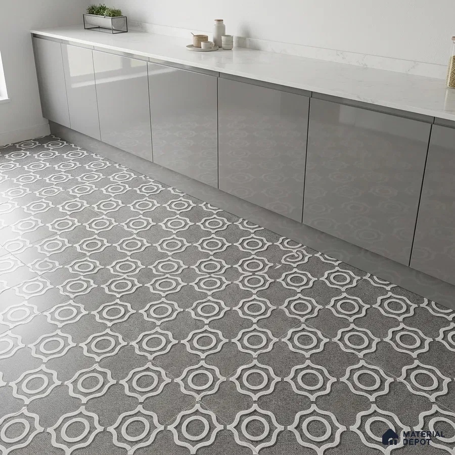 Modern kitchen with grey high gloss laminate cabinets and white marble countertop with geometric patterned floor tiles
