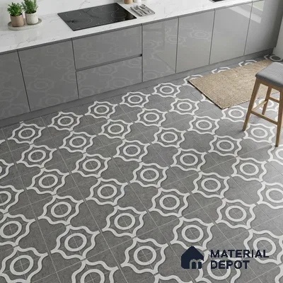 Modern kitchen with grey high gloss laminate cabinets and geometric patterned floor tiles