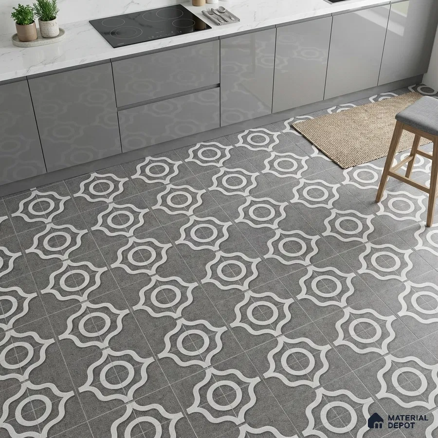 Modern kitchen with grey high gloss laminate cabinets and geometric patterned floor tiles