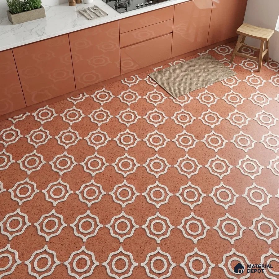 Modern kitchen with terracotta high gloss laminate cabinets and geometric patterned terracotta floor tiles