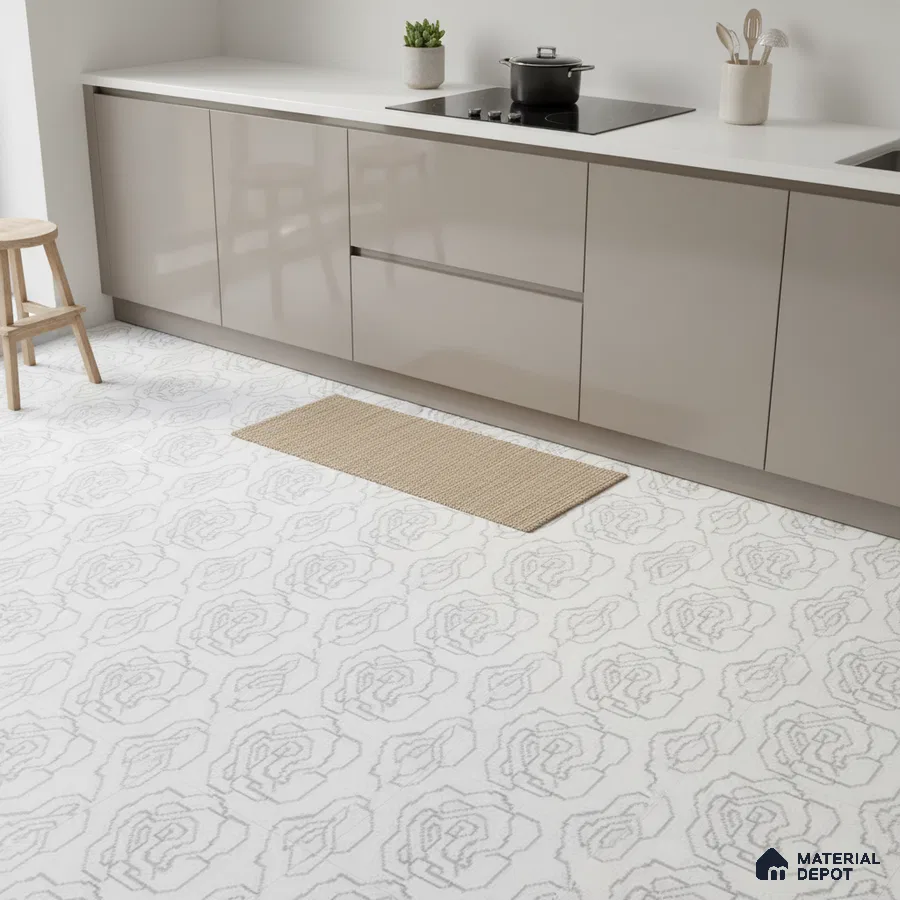 Minimalist kitchen with taupe high gloss laminate cabinets and white floral patterned floor tiles