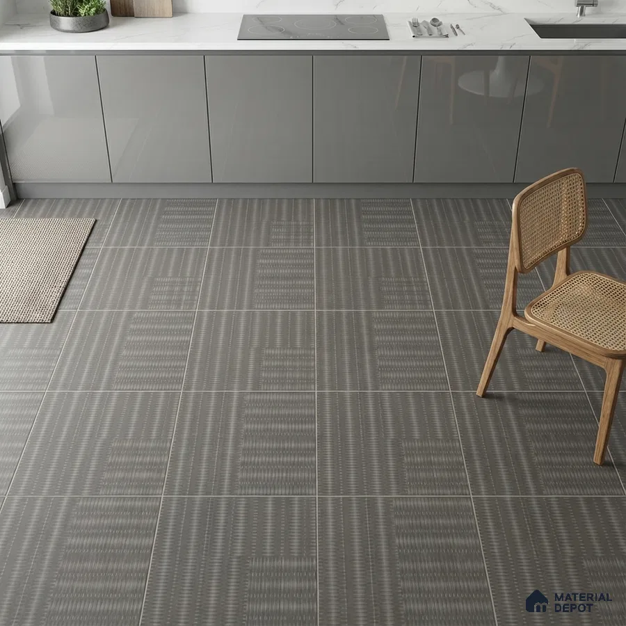 Modern kitchen with glossy grey laminate cabinets and patterned grey floor tiles