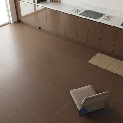 Modern kitchen with glossy brown laminate cabinets and white marble countertop