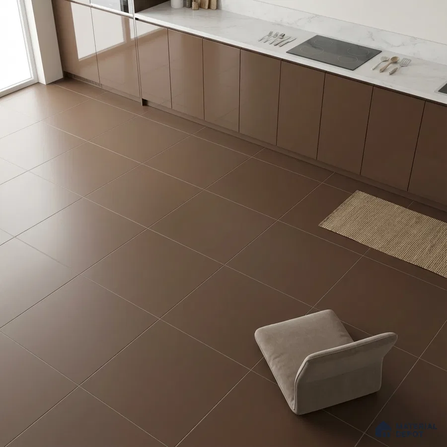 Modern kitchen with glossy brown laminate cabinets and white marble countertop