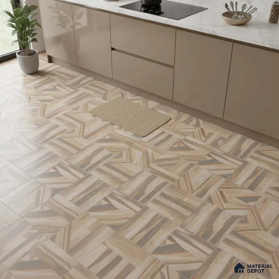 Modern kitchen with beige high gloss laminate cabinets and geometric patterned beige floor tiles