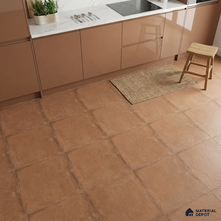 Modern kitchen with glossy cappuccino laminate cabinets, white marble-look countertop, and terracotta floor tiles