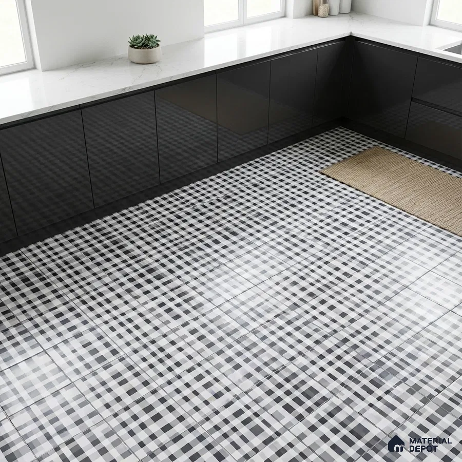 Modern kitchen with glossy black laminate cabinets, white marble-look quartz countertop, and black-and-white checkered floor tiles
