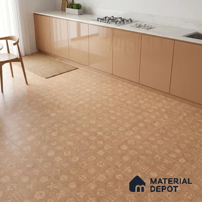 Modern kitchen with glossy beige laminate cabinets and patterned terracotta floor tiles