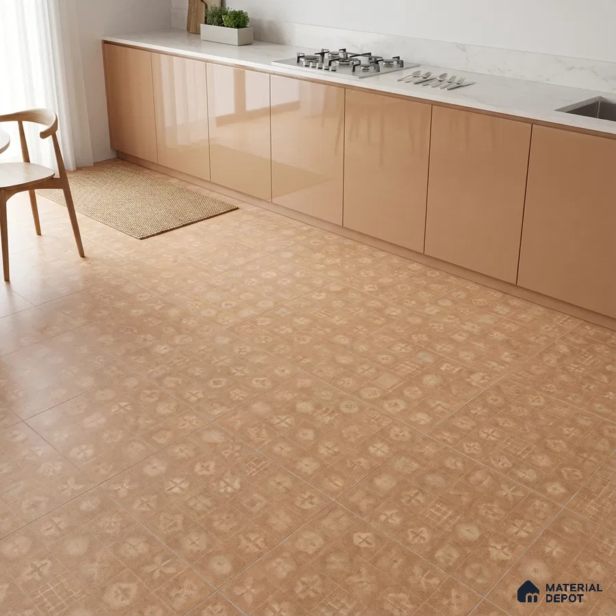 Modern kitchen with glossy beige laminate cabinets and patterned terracotta floor tiles