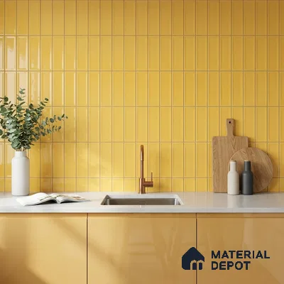 Modern Kitchen with Glossy Yellow Vertical Subway Tile and Copper Faucet