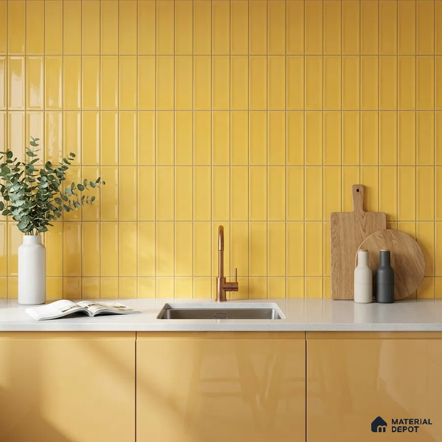 Modern Kitchen with Glossy Yellow Vertical Subway Tile and Copper Faucet