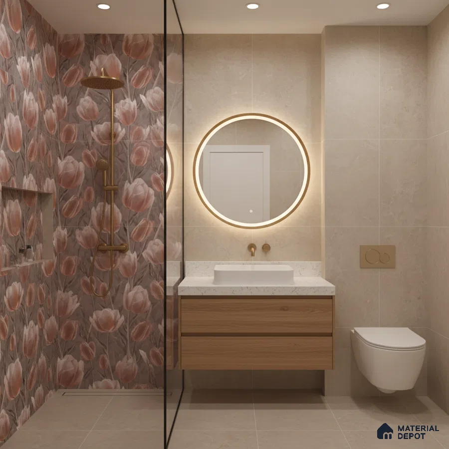 Modern bathroom with floral highlighter wall tiles, beige stone tiles, and floating wood vanity