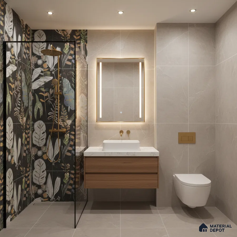 Modern bathroom with floral highlighter wall tiles, beige marble-look tiles, and wood vanity