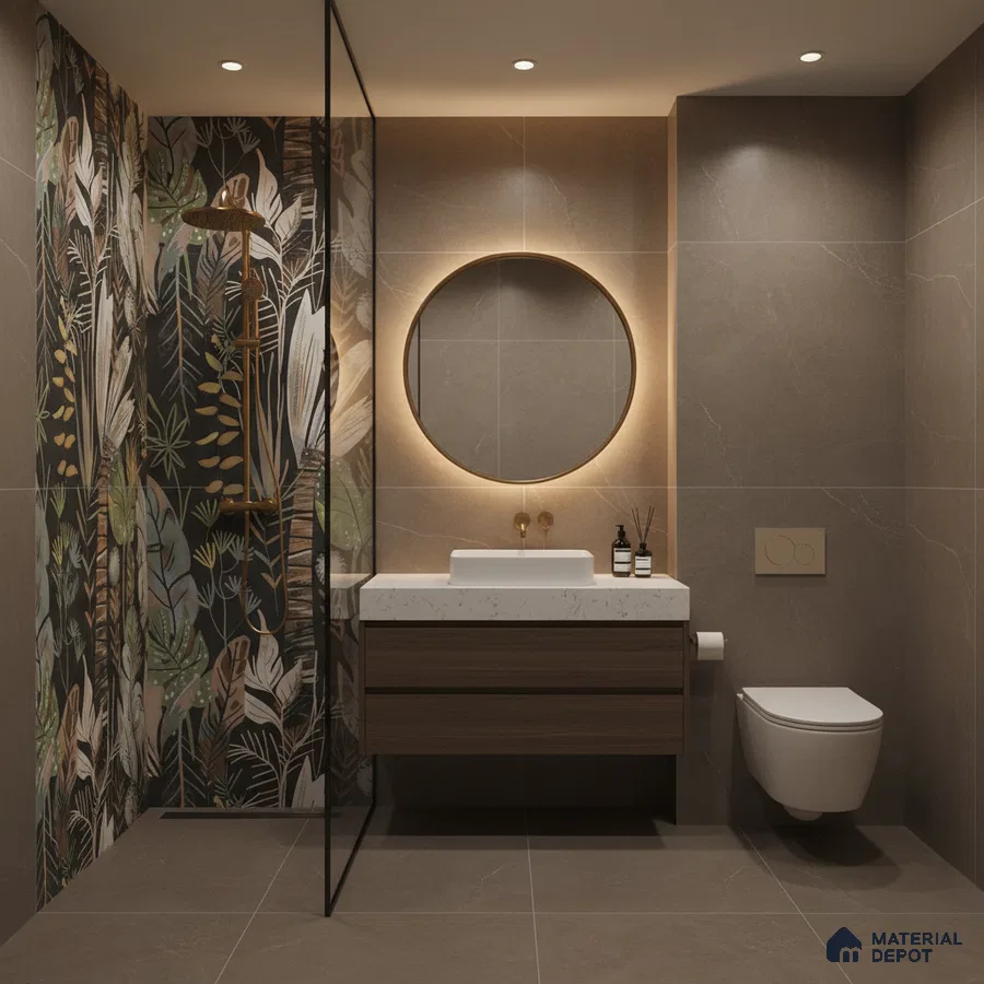 Modern bathroom with tropical highlighter wall tile, taupe stone wall tiles, and floating wood vanity
