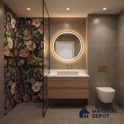 Modern bathroom with floral highlighter wall tiles, taupe marble-look tiles, and wood vanity