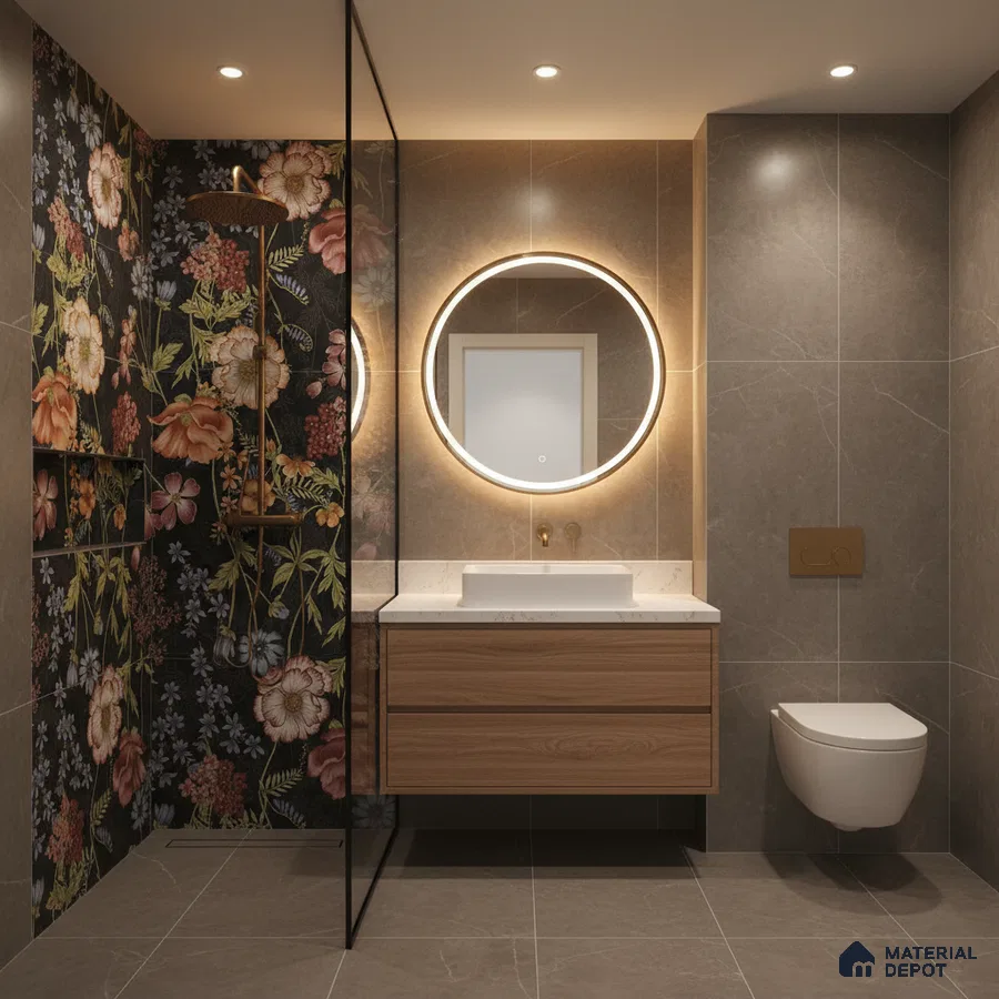 Modern bathroom with floral highlighter wall tiles, taupe marble-look tiles, and wood vanity