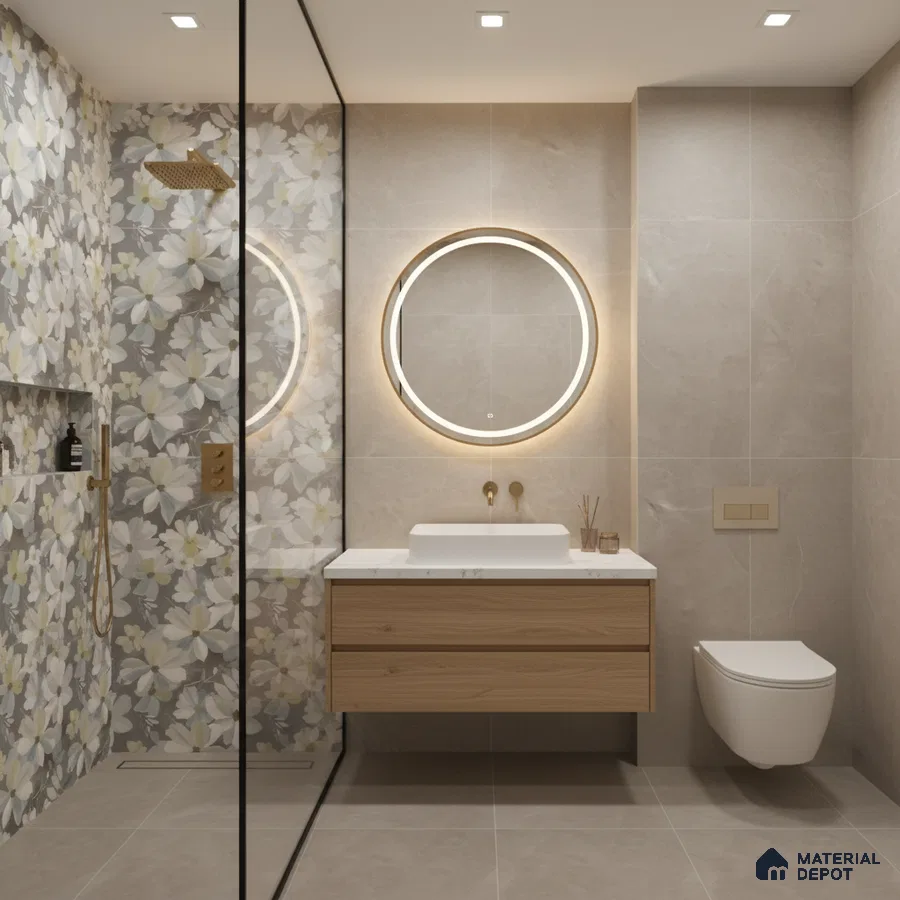 Modern bathroom with floral highlighter wall tiles, beige stone tiles, and wood finish floating vanity
