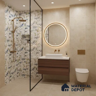 Modern bathroom with beige marble-look tiles, floral highlighter wall tile, and walnut wood vanity
