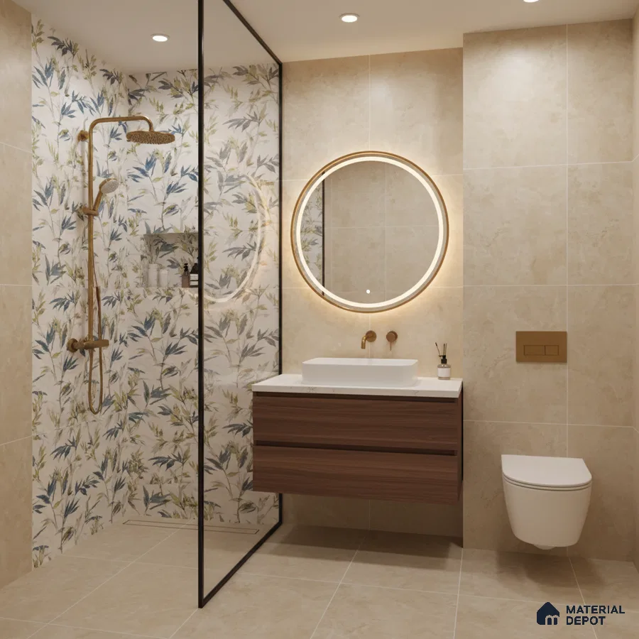 Modern bathroom with beige marble-look tiles, floral highlighter wall tile, and walnut wood vanity