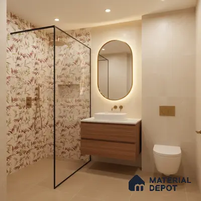 Modern bathroom with floral highlighter wall tiles, beige stone tiles, and wood laminate floating vanity