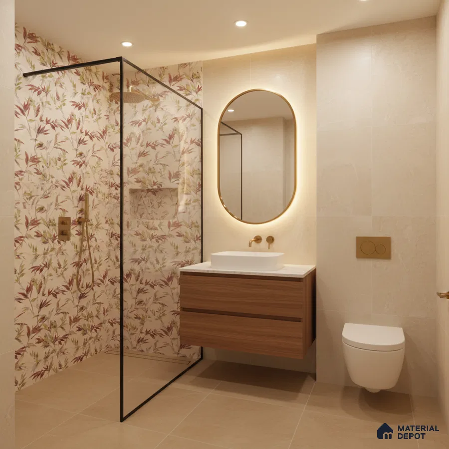 Modern bathroom with floral highlighter wall tiles, beige stone tiles, and wood laminate floating vanity