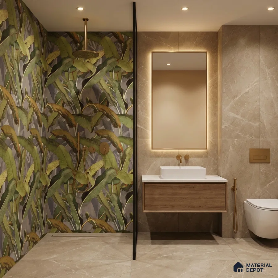Modern bathroom with tropical highlighter wall tile, beige marble-look tiles, and wood vanity