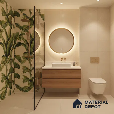 Modern bathroom with tropical highlighter wall tile, beige matte wall tiles, and floating wood vanity