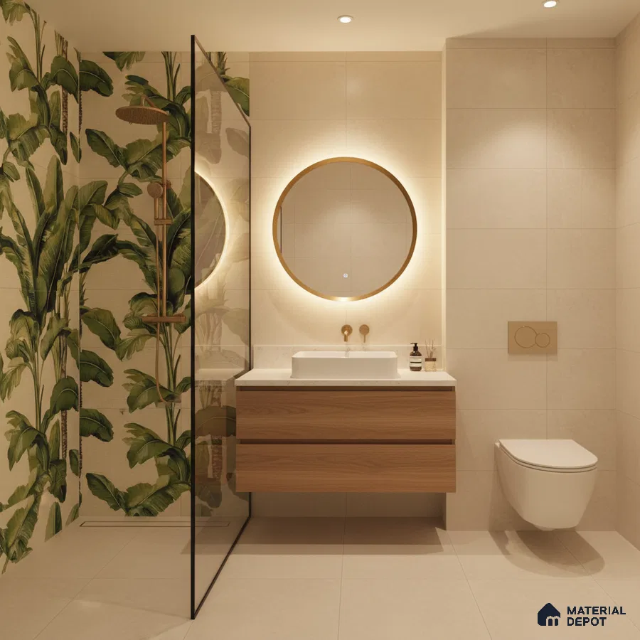 Modern bathroom with tropical highlighter wall tile, beige matte wall tiles, and floating wood vanity