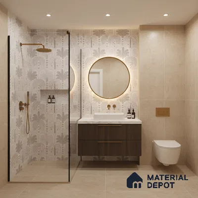 Modern bathroom with beige stone tiles, palm patterned highlighter wall tile, and walnut wood vanity