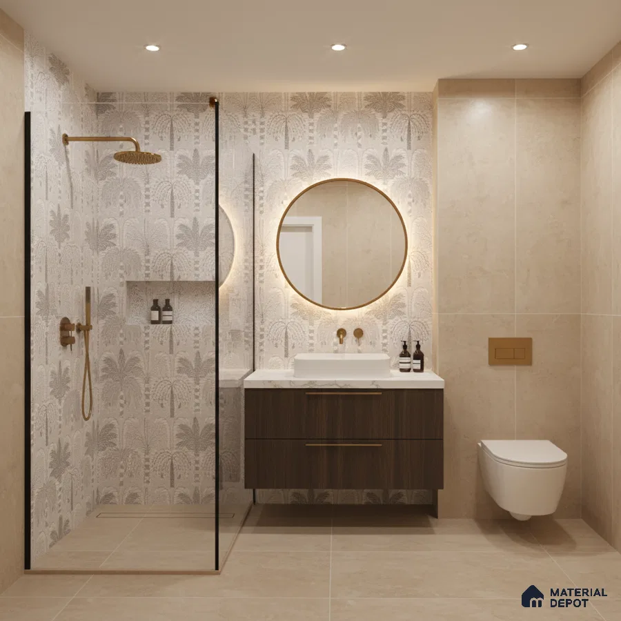Modern bathroom with beige stone tiles, palm patterned highlighter wall tile, and walnut wood vanity