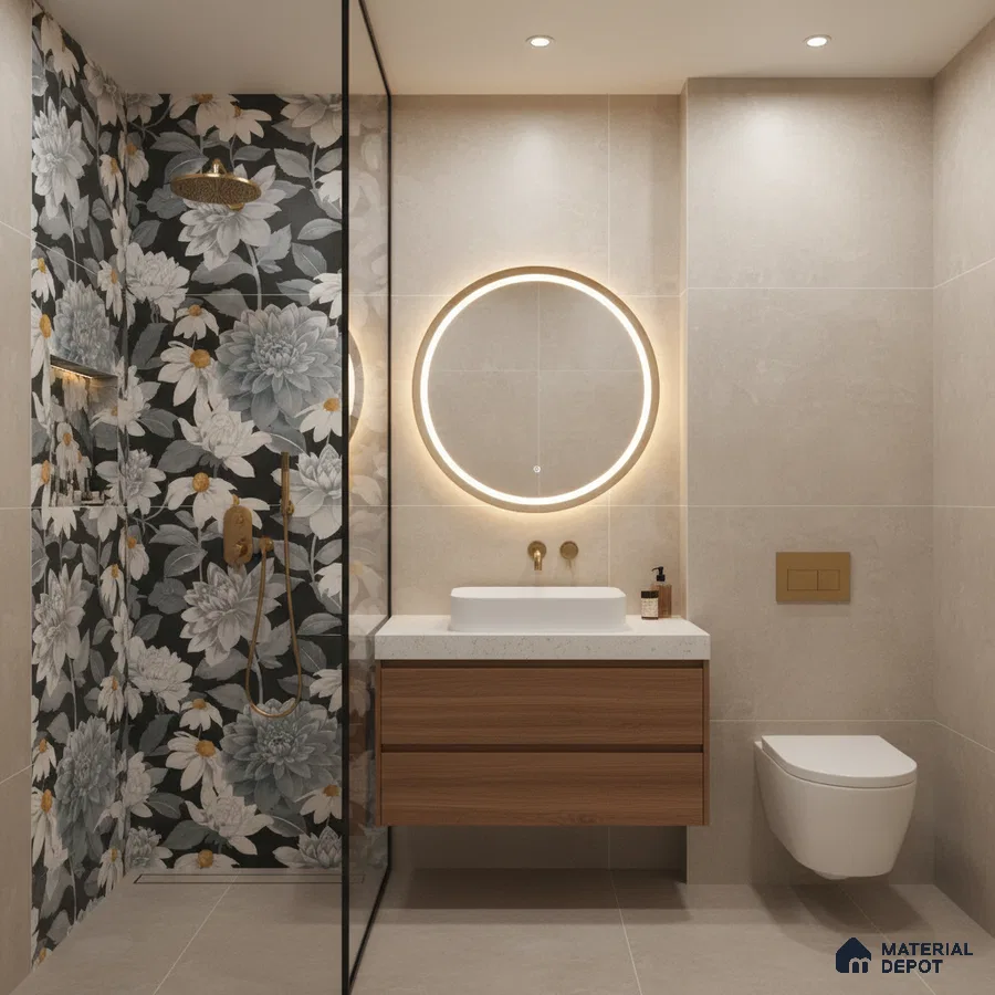 Modern bathroom with floral highlighter wall tile, beige stone-look wall tiles, and wooden vanity