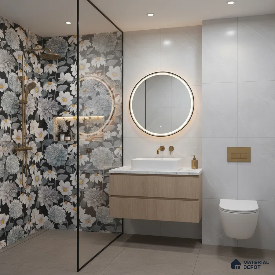 Modern bathroom with floral highlighter wall tiles, light grey marble wall tiles, and floating wood vanity