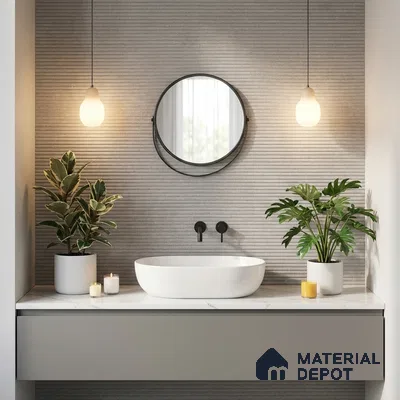Minimalist bathroom with grey fluted wall tiles and white marble countertop