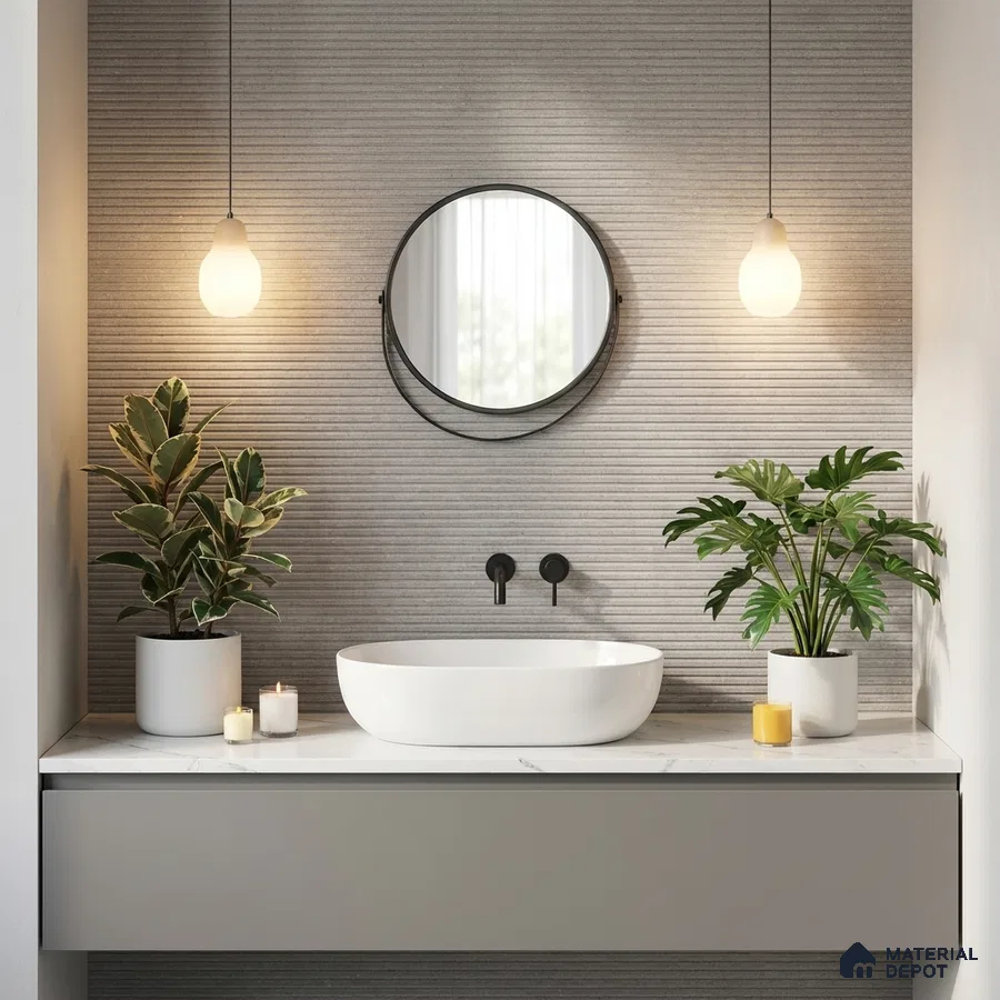 Minimalist bathroom with grey fluted wall tiles and white marble countertop
