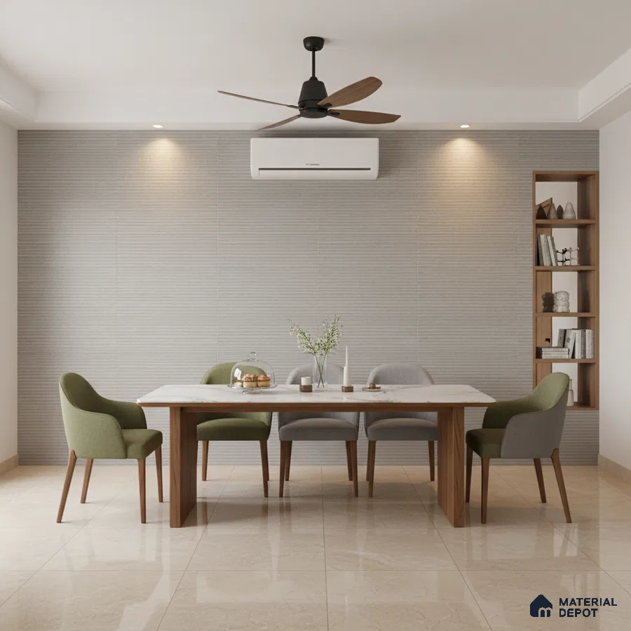 Scandinavian dining room with beige marble floor tiles and light grey textured wall panels