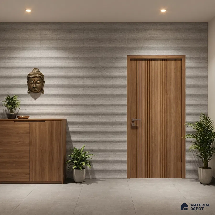 Minimalist foyer with grey textured wall tiles, walnut wood laminate door, and cabinet