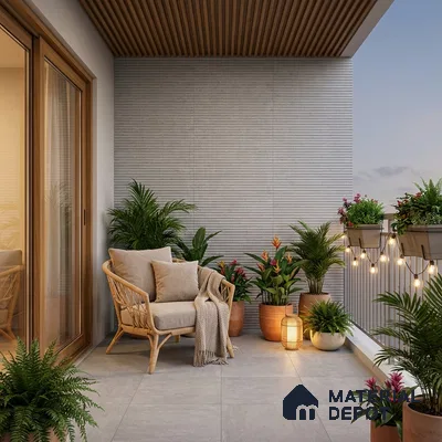 Scandinavian balcony with light grey floor tiles, ribbed wall tiles, and wooden louver ceiling