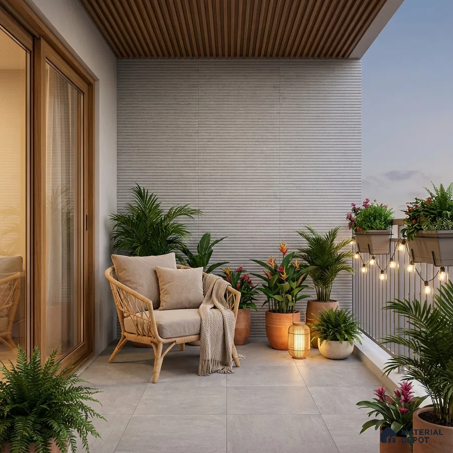 Scandinavian balcony with light grey floor tiles, ribbed wall tiles, and wooden louver ceiling