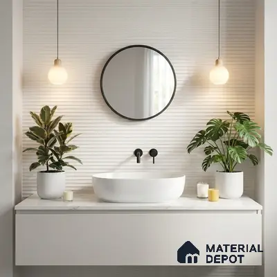 Minimalist bathroom with white fluted wall tiles and matte white floating vanity