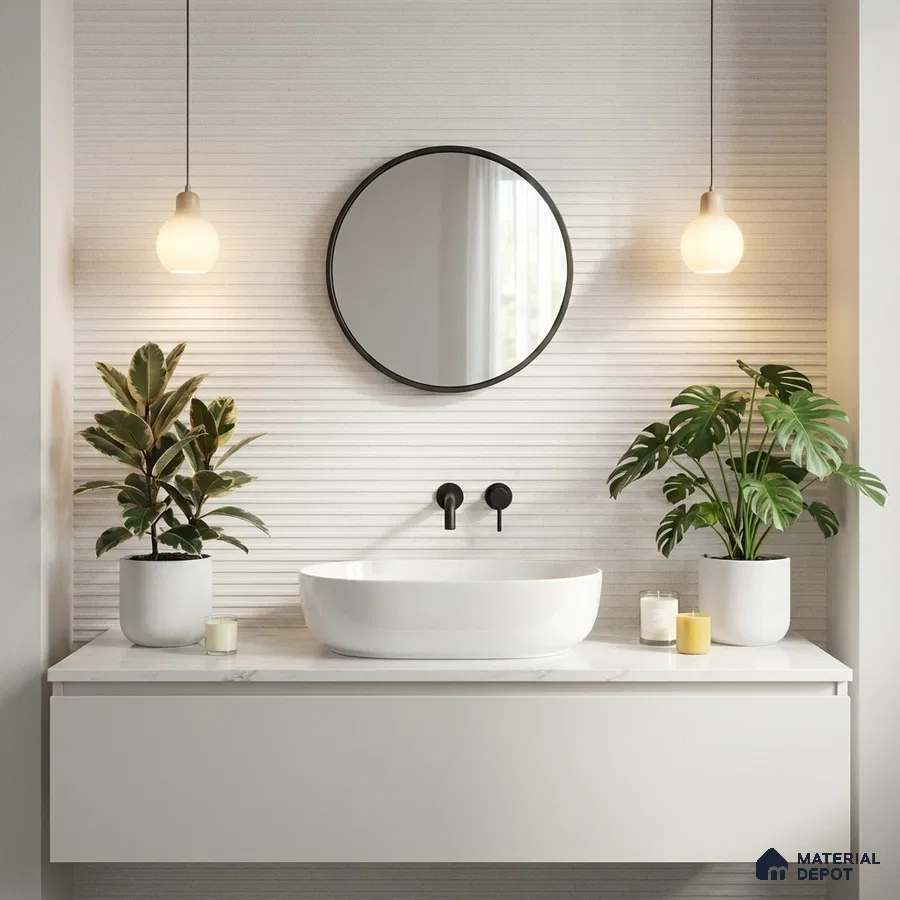 Minimalist bathroom with white fluted wall tiles and matte white floating vanity