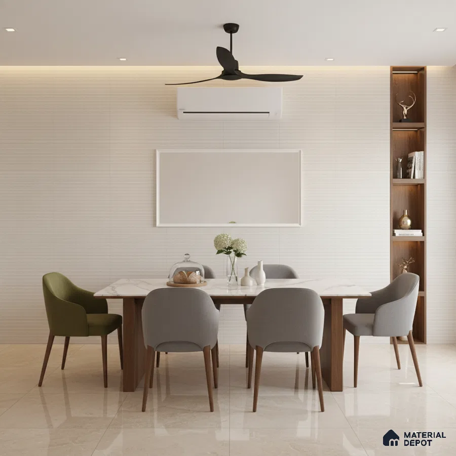 Minimalist dining room with marble top table, beige marble floor tiles, and wood accent shelving