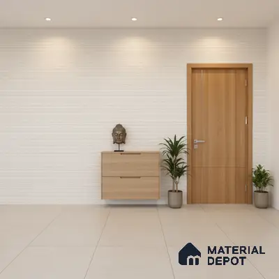 Minimalist foyer with light oak laminate console, white textured wall tile, and beige floor tile