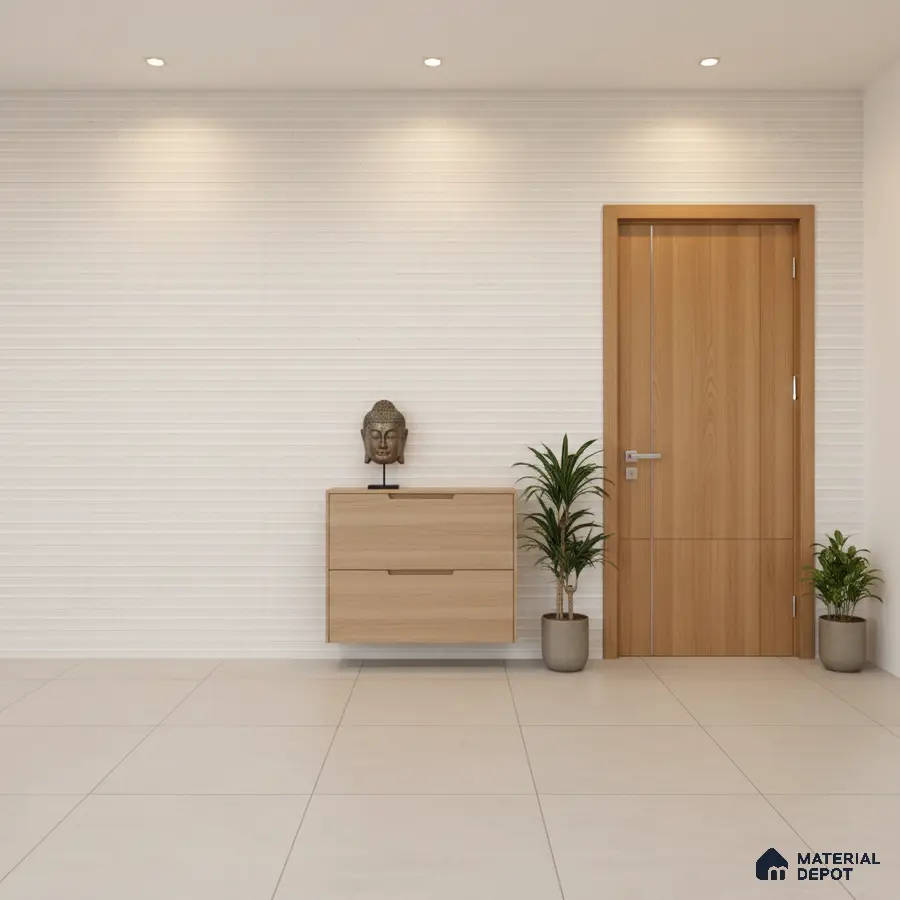 Minimalist foyer with light oak laminate console, white textured wall tile, and beige floor tile