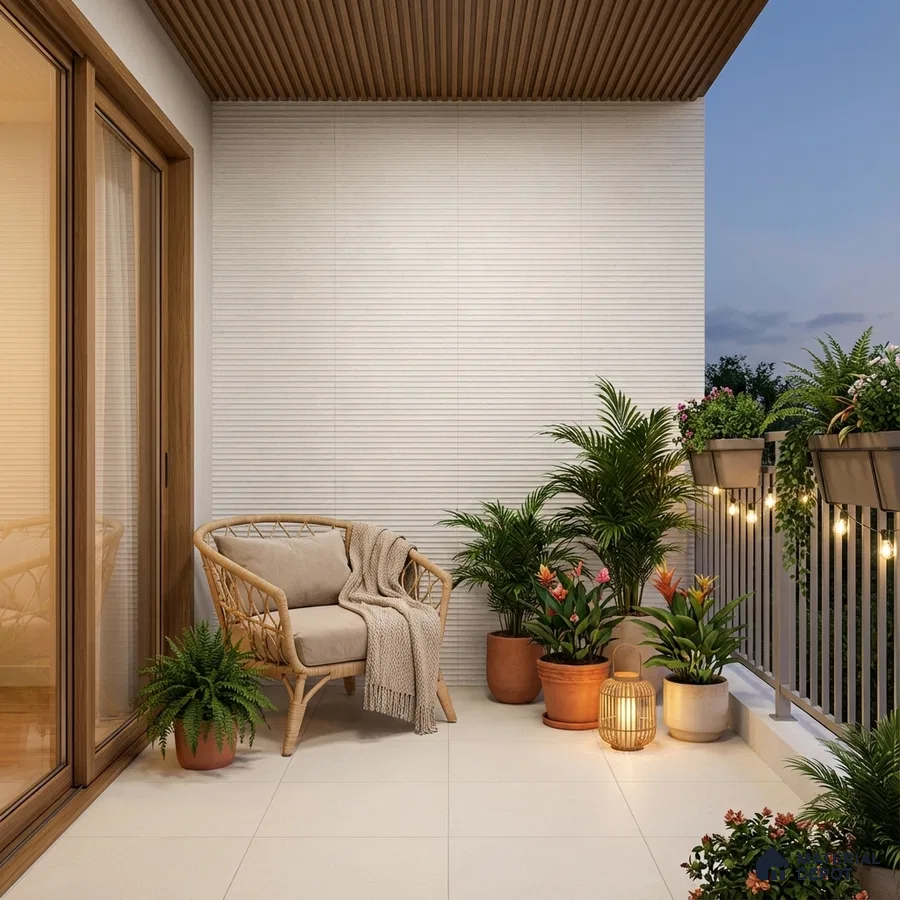Scandinavian balcony with ribbed white wall tiles, beige floor tiles, and wooden louver ceiling