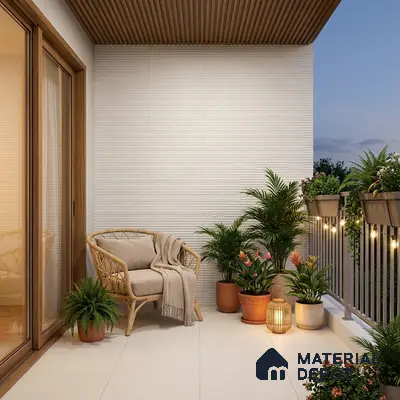 Scandinavian balcony with ribbed white wall tiles, beige floor tiles, and wooden louver ceiling