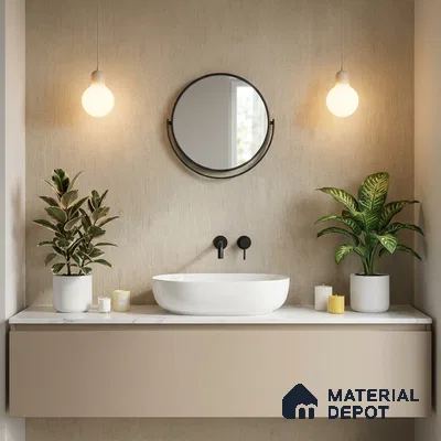 Minimalist bathroom with beige matte laminate vanity and textured beige wall panel
