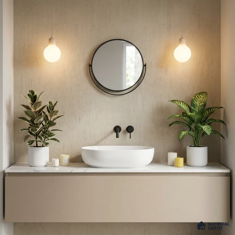 Minimalist bathroom with beige matte laminate vanity and textured beige wall panel