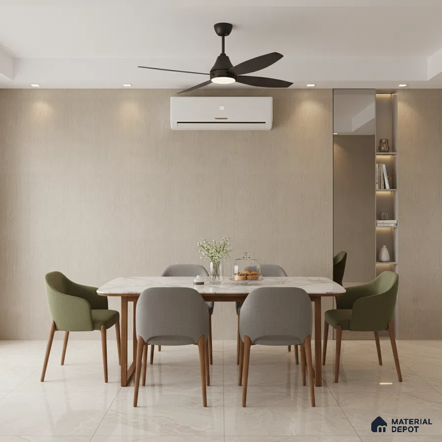 Minimalist dining room with beige textured wall panels, marble top dining table, and glossy beige floor tiles