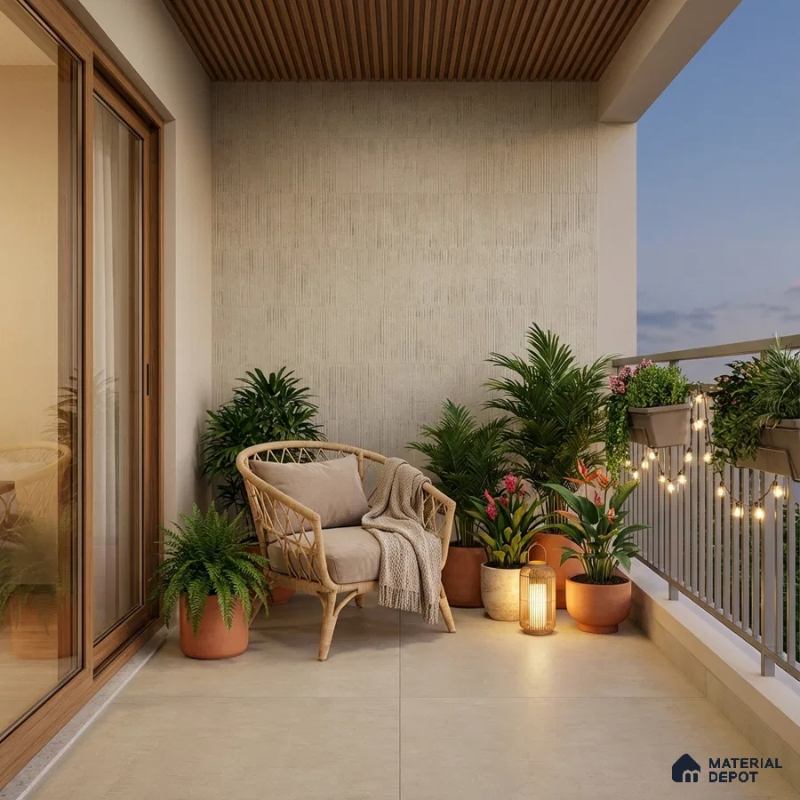 Scandinavian balcony with beige floor tiles, wooden ceiling louvers, and textured wall tiles
